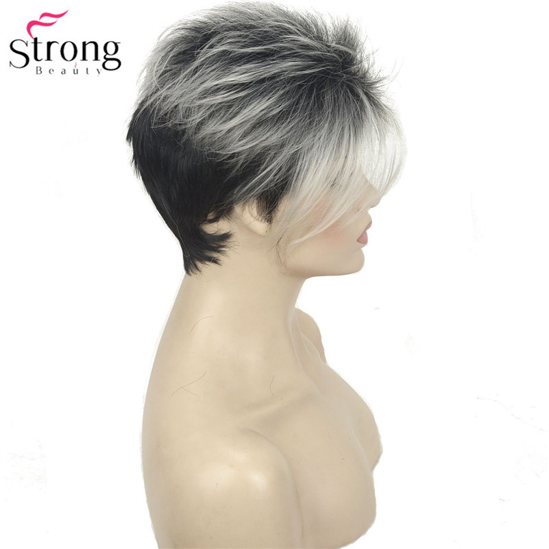 StrongBeauty Short Asymetrical Black Blonde Ombr Synthetic Women’s Wig