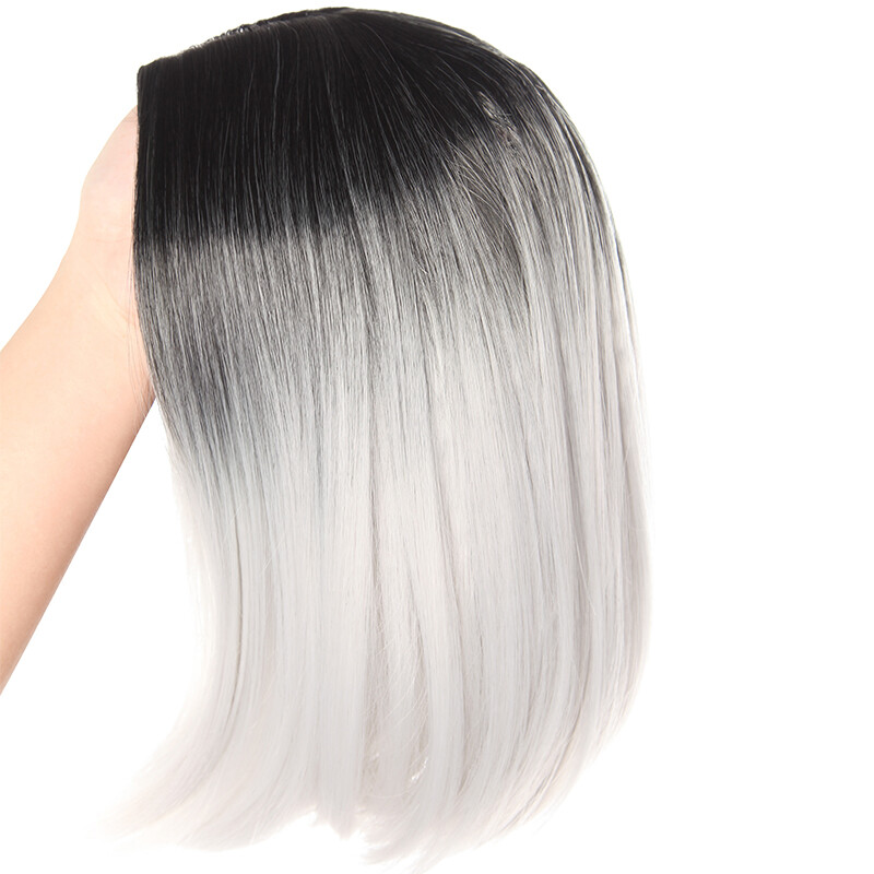 Full Synthetic Ombre Gray Brown Hair Straight Women Wigs with Rose net 12″ Long
