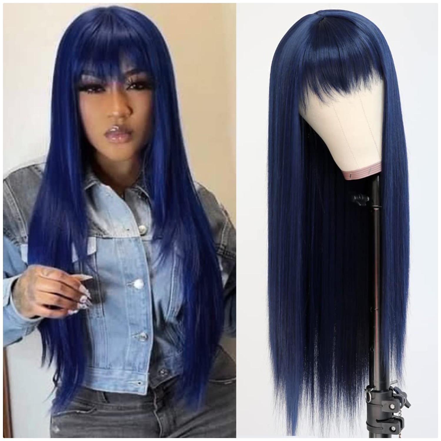 Cute & Pretty Dark Blue Wig with Wispy Bangs, Natural Look