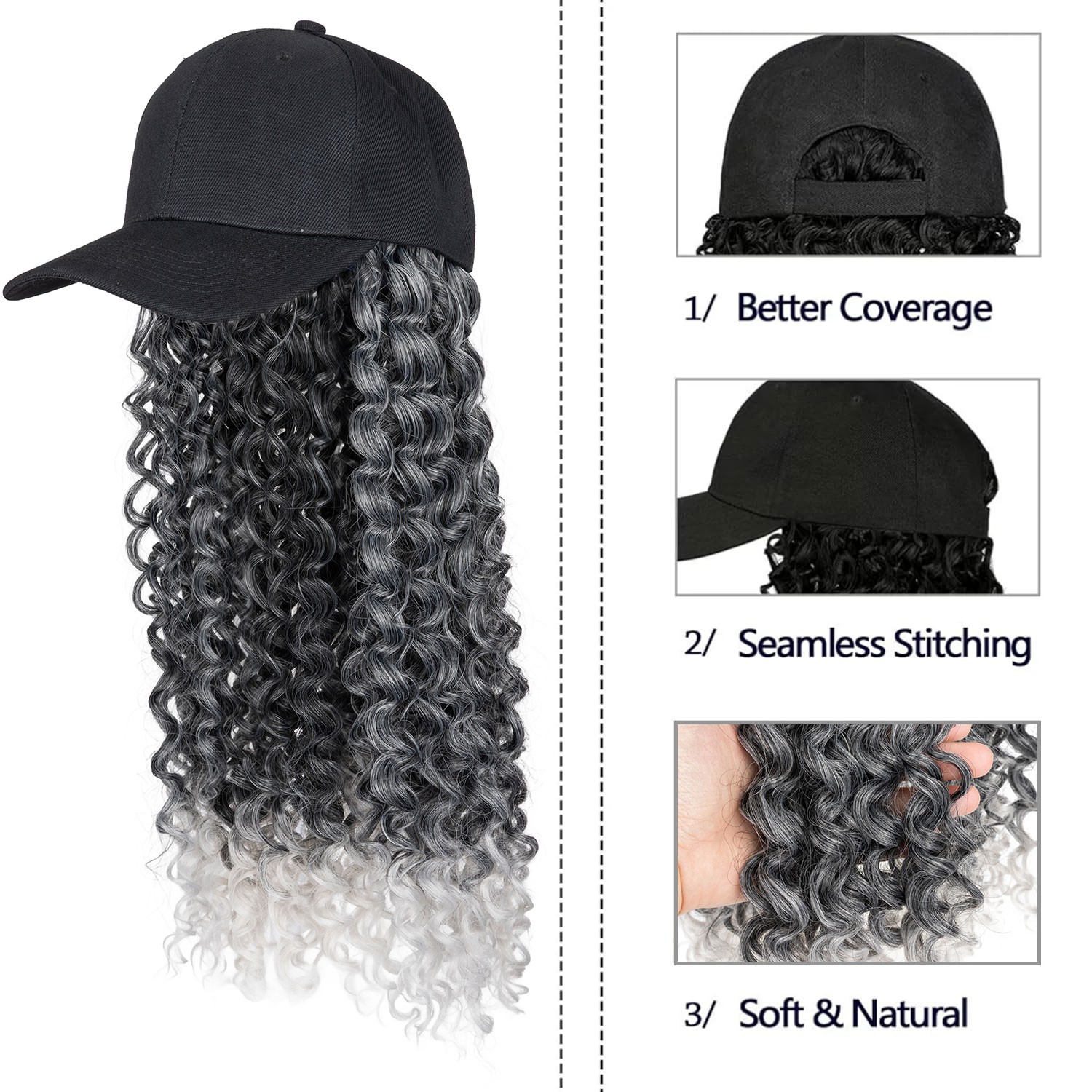 Xmas Wig With Black Hat Baseball Wigs Cap Long Wavy Curly Hair Wig Cap For Women