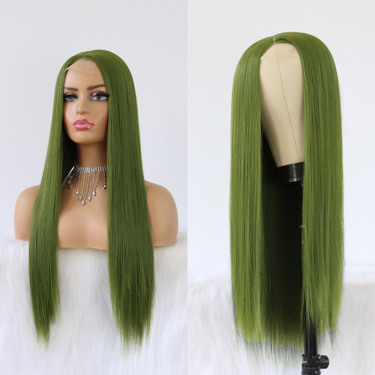 Olive Green Synthetic Hair Lace Wigs Long Straight Green Color Heat Resistant
