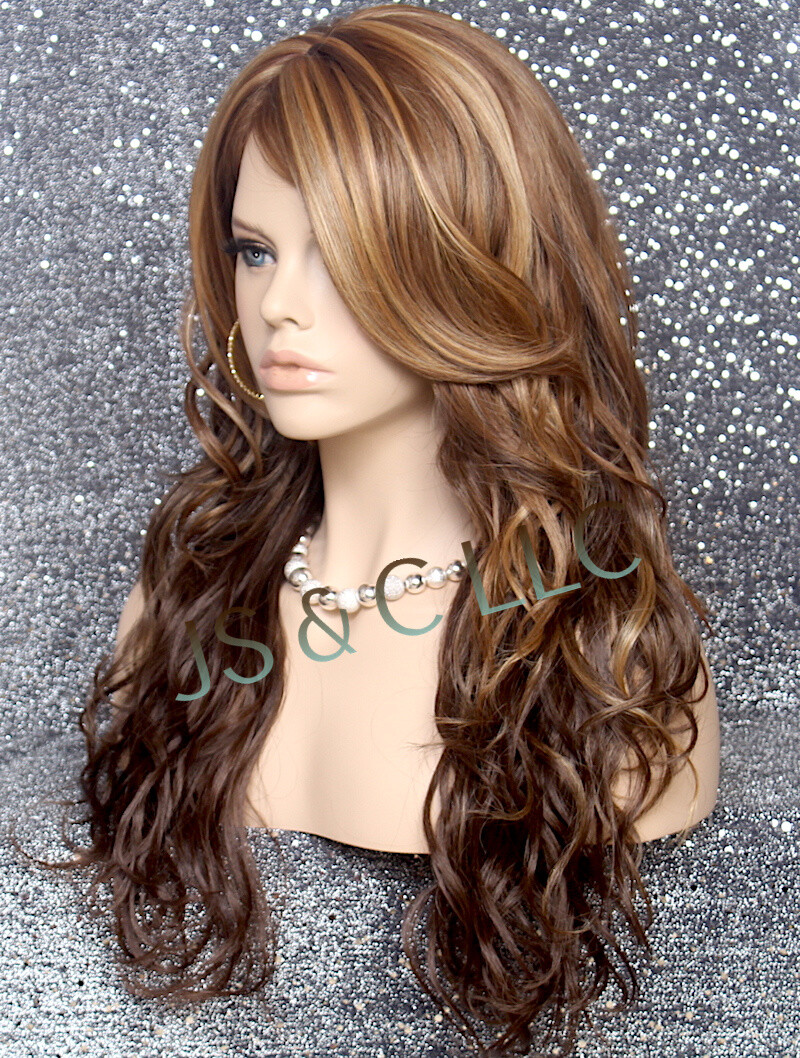 Human Hair Blend Full WIG HEAT OK WAVY Long WBCA Auburn BRown Blonde mixed D8/12