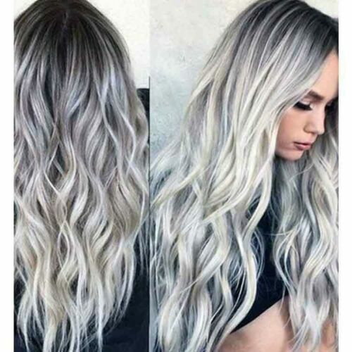 23″ Natural Full Wigs Hair Long Wavy Wig Synthetic Heat Resistant Ombre Silver