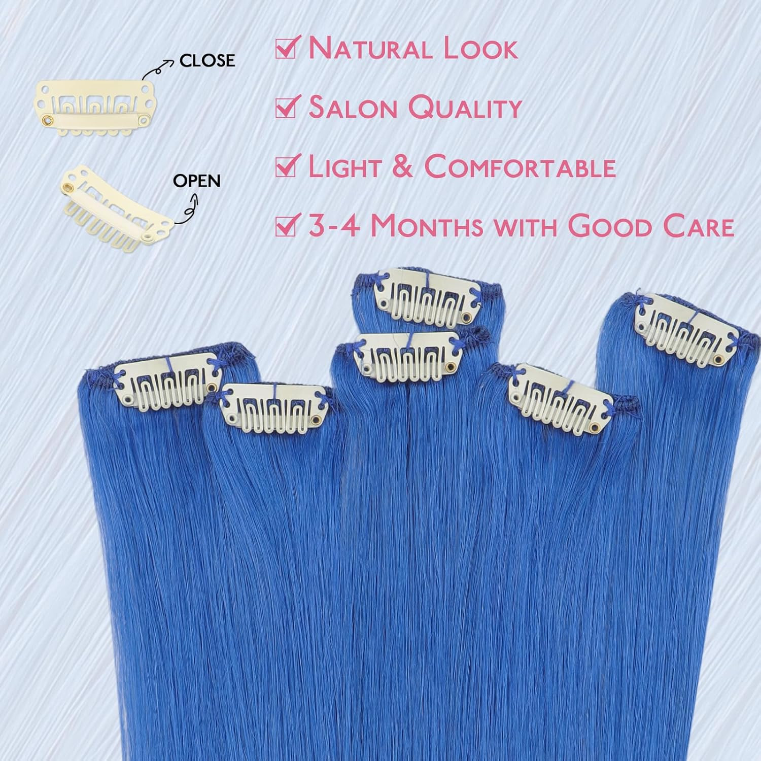 Blue Clip in Hair Extensions Real Human Hair 35G 6Pcs 14 Inch Colored Hair Exten