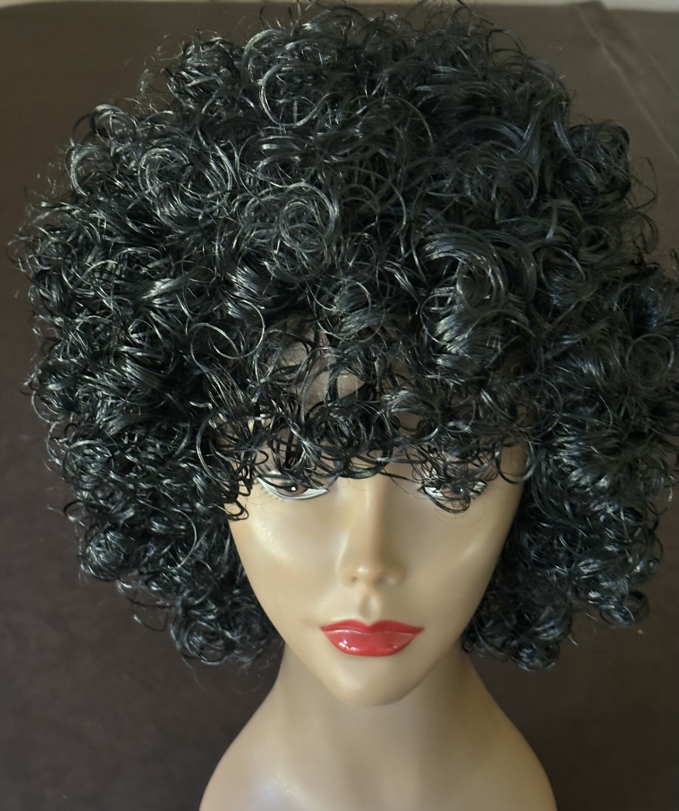 Black Synthetic Wig Mid-Length Curly Net Cap Adjustable Clean GUC 7-1