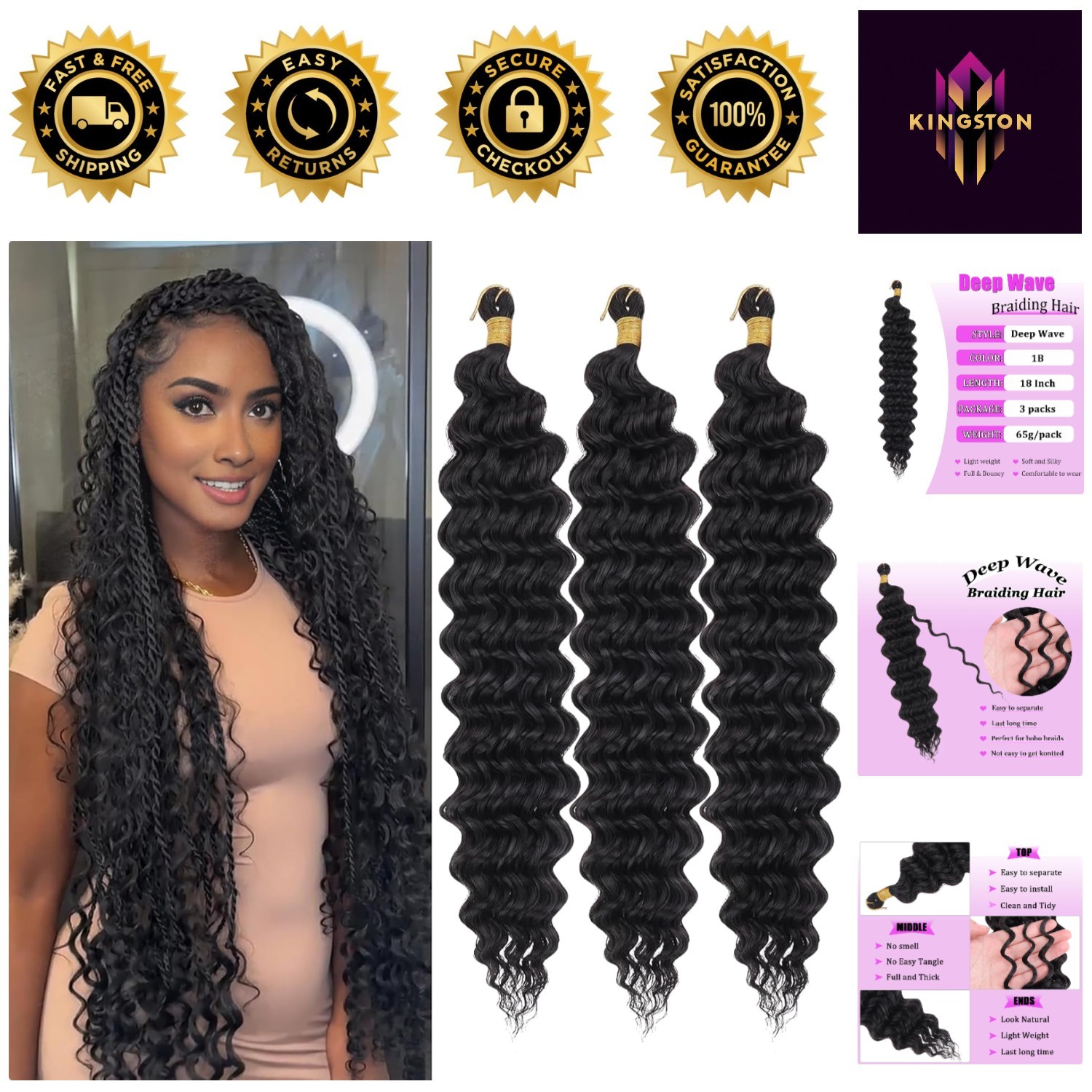 Boho Style Deep Wave Crochet Hair, 18 Inch – Soft Synthetic Hair in Black, 3 Pcs