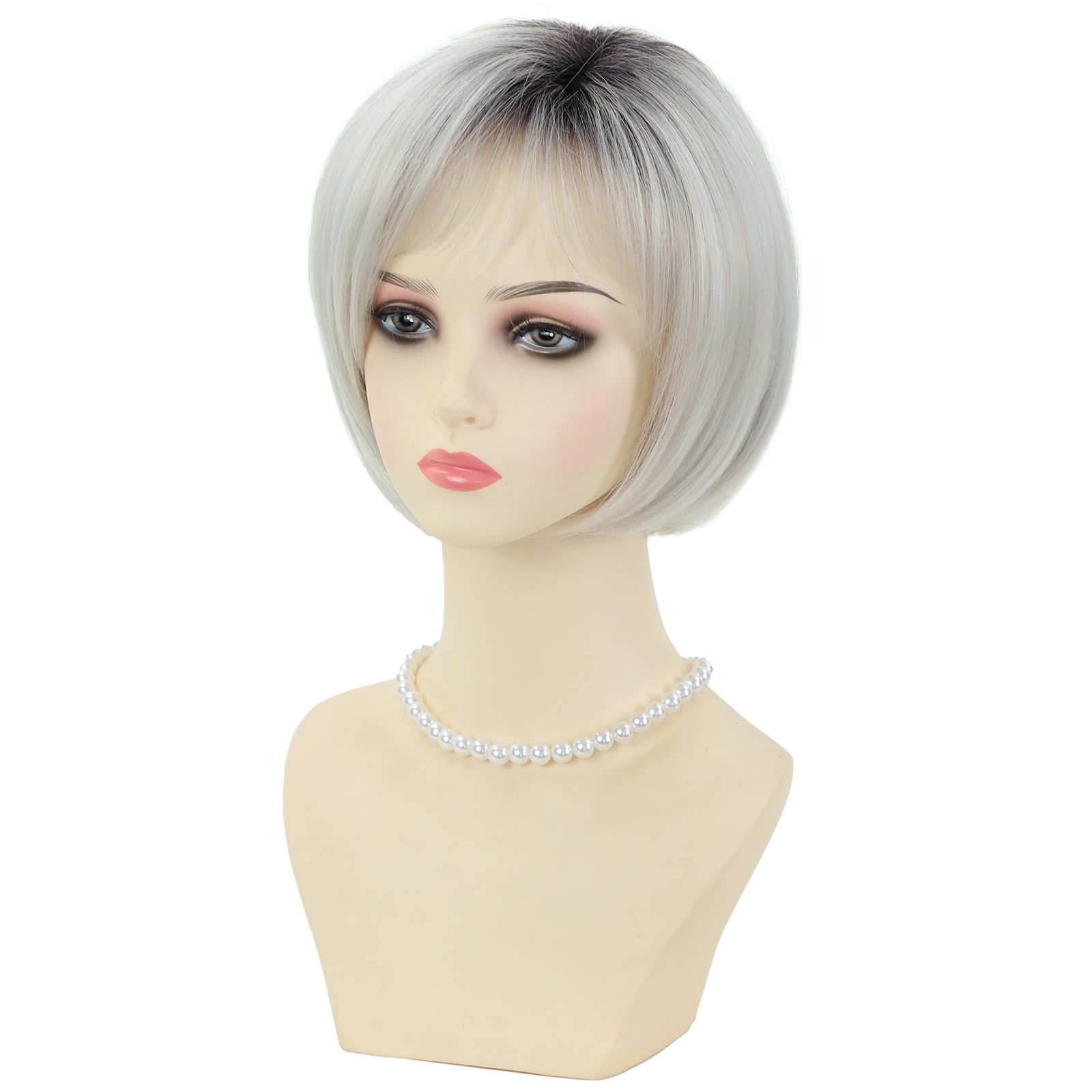 Gray Short Straight Full Bang Bob Synthetic Wig for Women Natural Fashion Daily