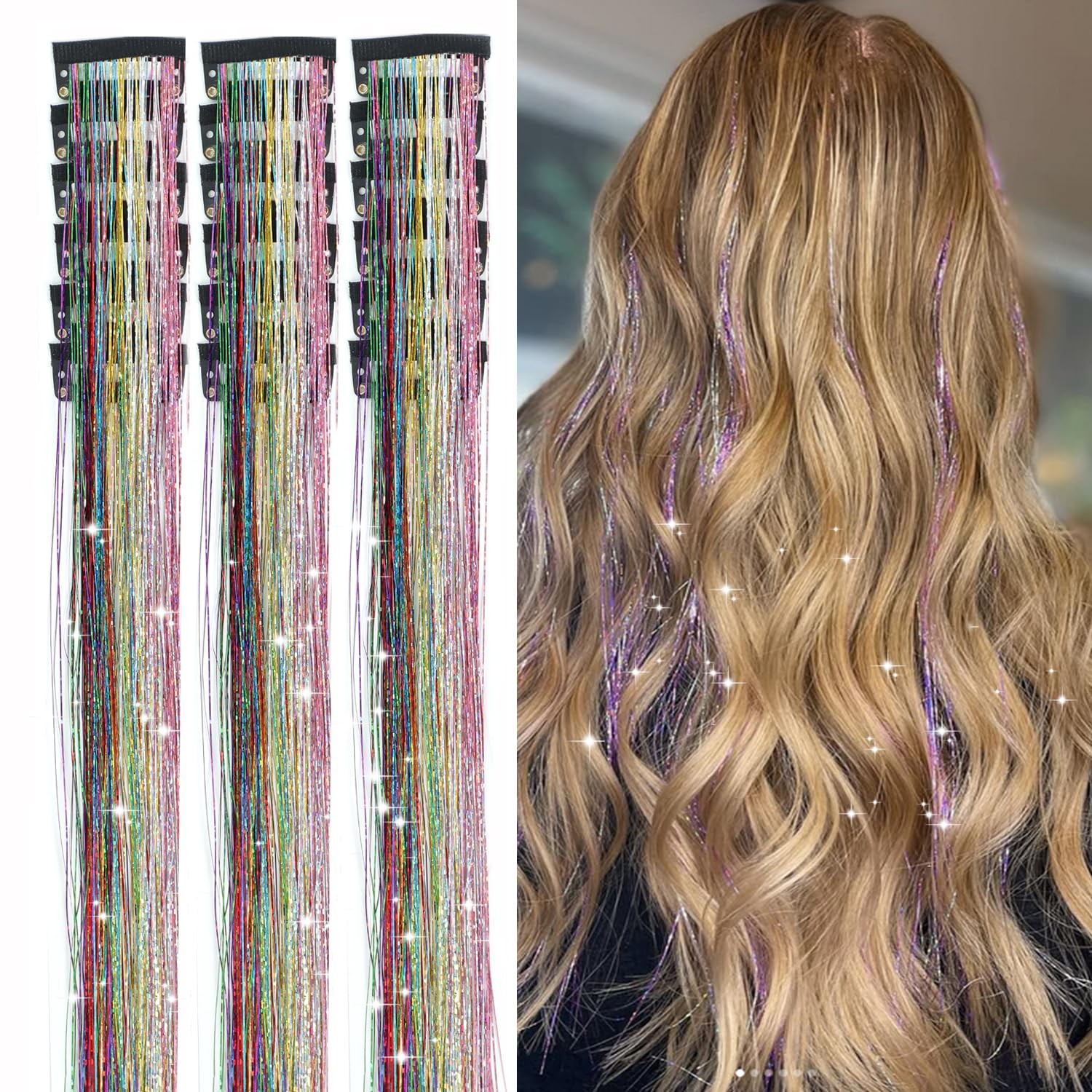 18x Hair Tinsel Clip Extensions 20 Inch Colorful Sparkling Glitter Set for Girls
