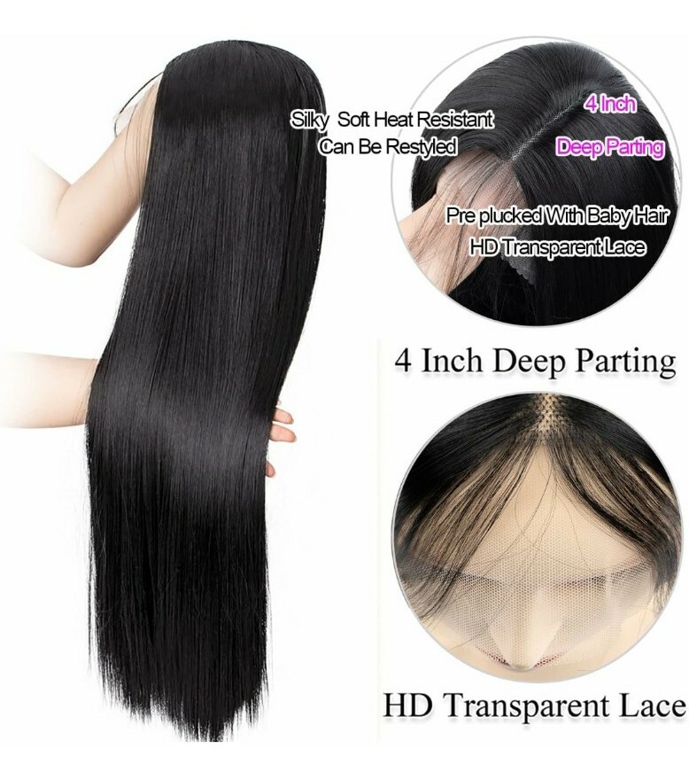 Natural Black Brown Wig HD Front Lace Human Hair Blend Highlights Wavy Curly