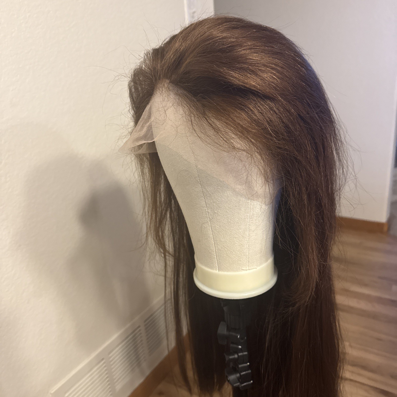252Human Hair Blend Lace Wavy Cut Reddish Brown Lace Front Wig Standard 26”