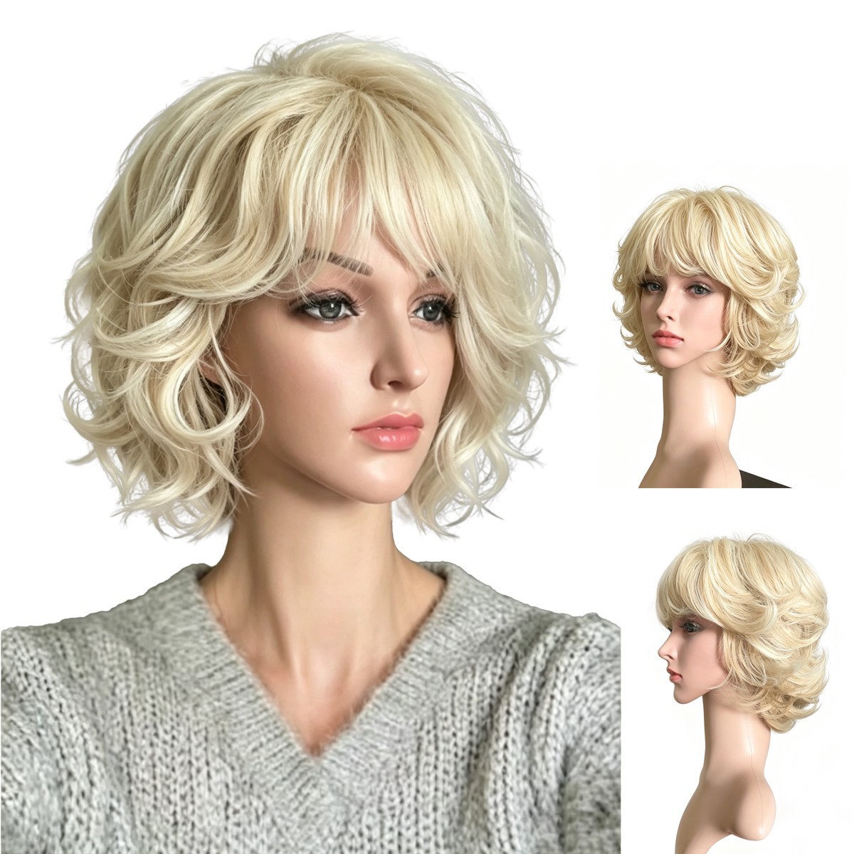 Highlight Blonde Brown Mix Wig Short Fluffy Wavy Bob Wig With Bangs Heat Resista