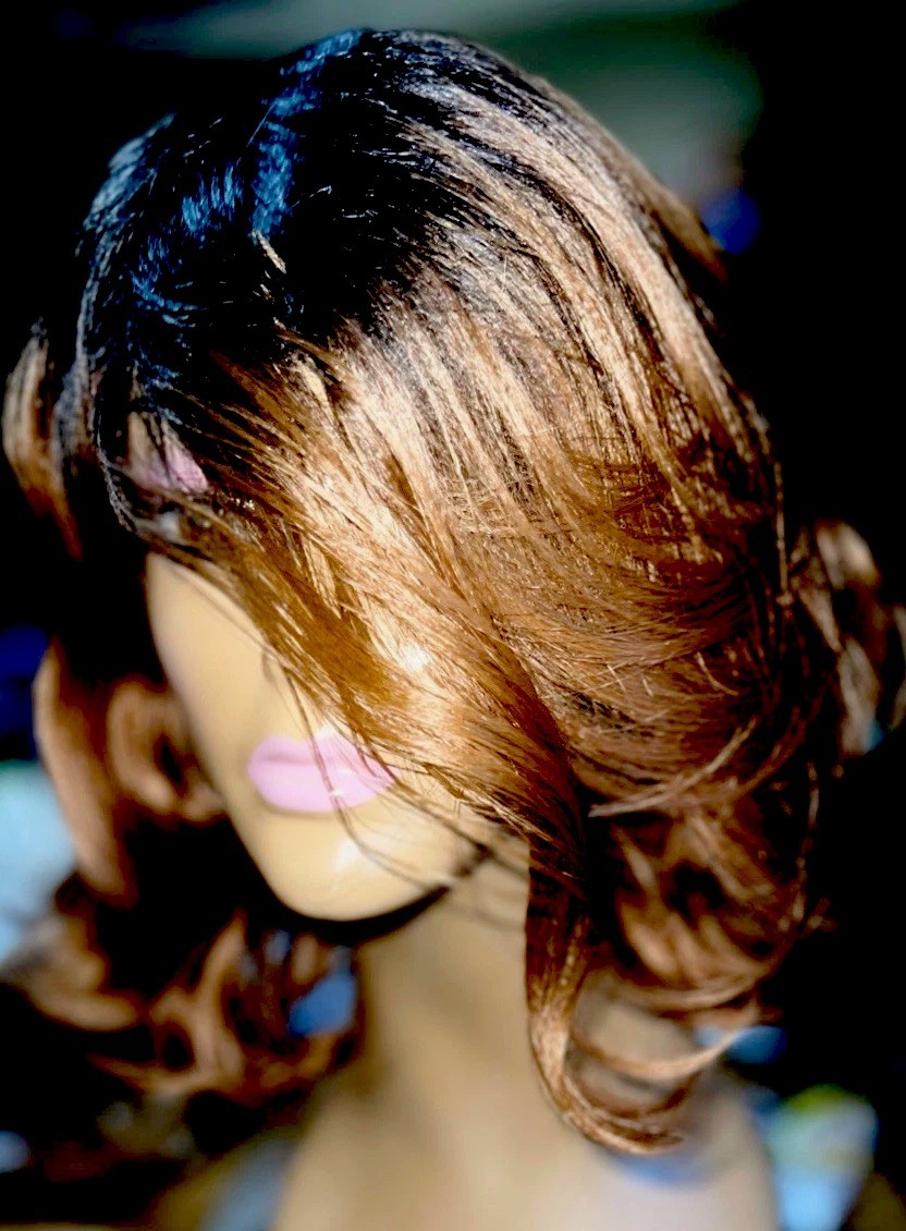 LACE FRONT FULL WIG BOB WAVY DARK ROOTS W /SIDE PART GOLDEN BLONDE MIX HEAT OK💗