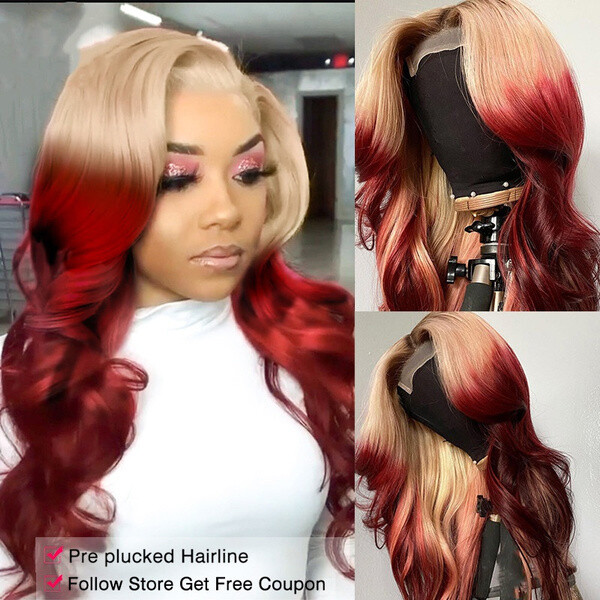 Long Body Wave Lace Front Wig Ombre Blonde to Burgundy Red Synthetic Wigs US