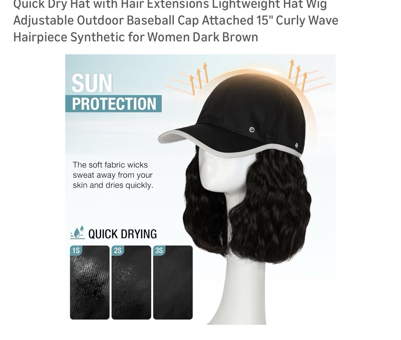 Women Hat Wig Hair Baseball Cap Curly Synthetic Dark Brown