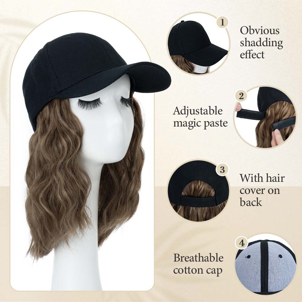 Women Baseball Cap Hat with Synthetic Hair Short/Long Hair Wigs Cover Highlight