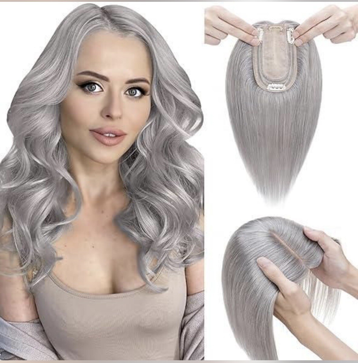 14in Topper For Thinning Hair 5.1×2.8″ Silk Base Clip in Remy Hairpiece Grey Cl3