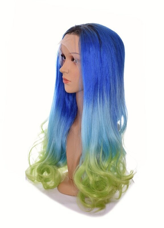 Long Wavy Aqua Marine Blue Green Ombre Lace Front Mermaid Wig. Centre Part.