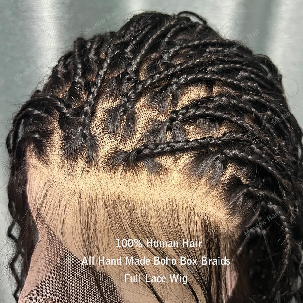 Boho Box Braids Wig – 12″ Full Lace Human Hair, Glueless, Pre-Plucked, Knotless