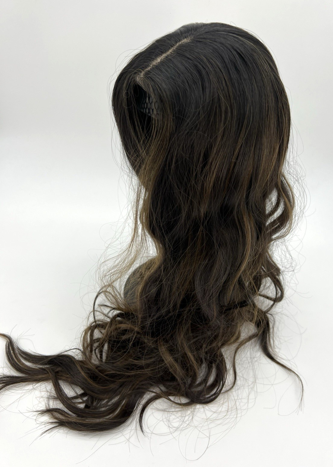 Dark Brown Caramel Highlight Layered Wavy w/ Bangs 26in Women Premium Hair Wig