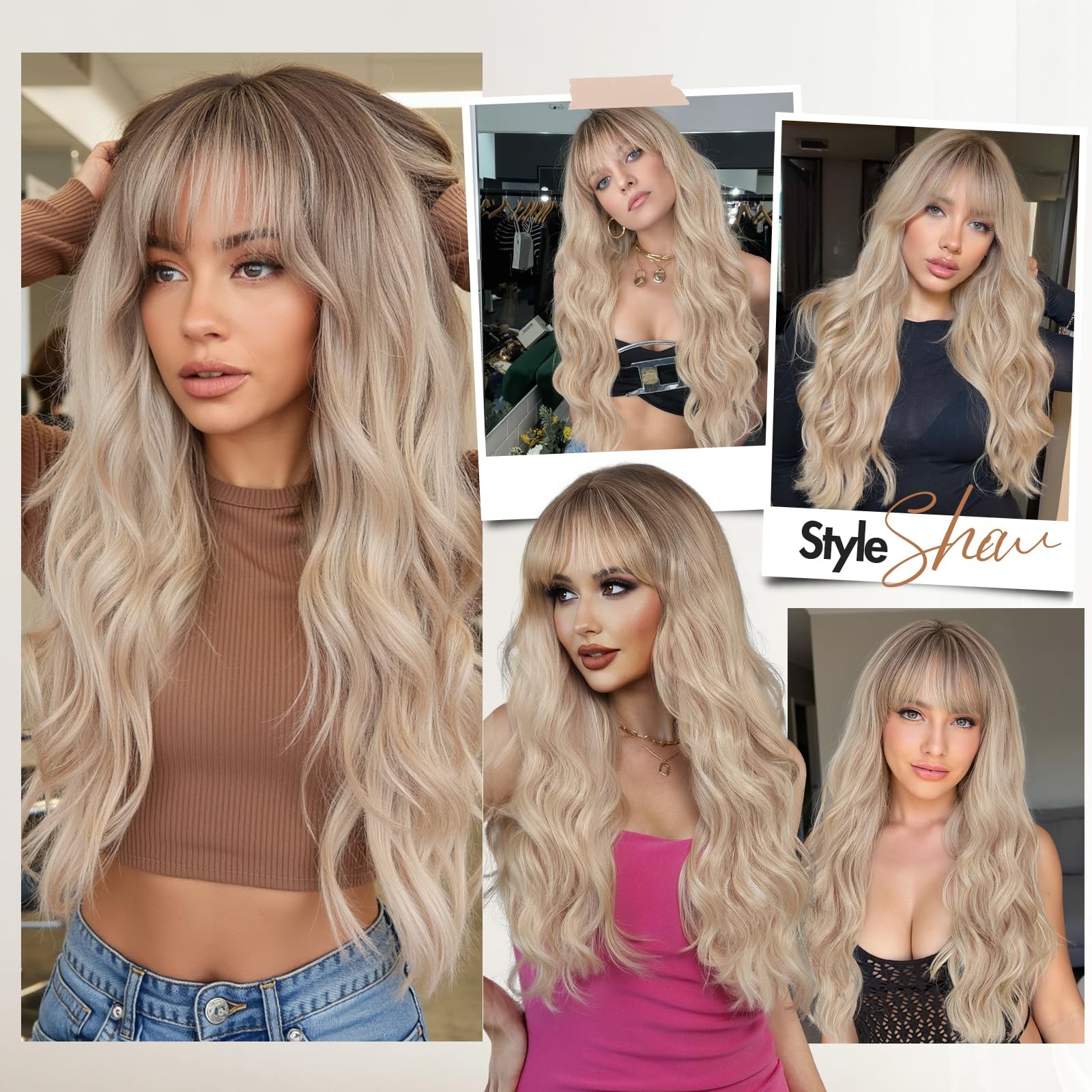 Strawberry Blonde Wig with Bangs T/Ash Blonde Ombre with Dark Roots Heat Resi…