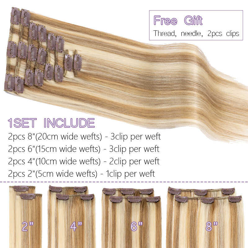 Invisible Clip In Human Remy Hair Extensions 8 Pieces with 18 Clips Full Head