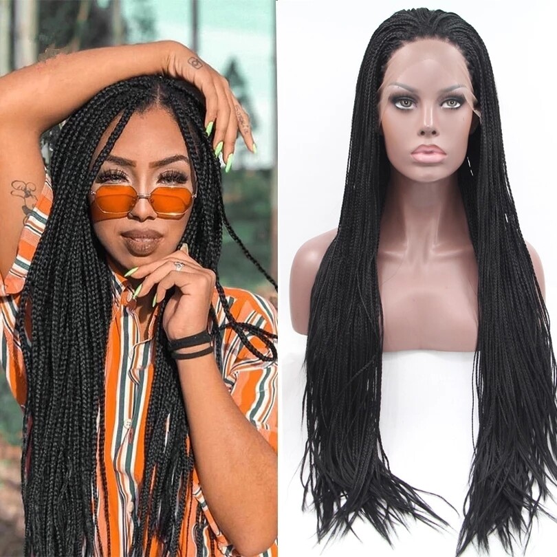 Women Long Black Box Crochet Braided Wig Long Synthetic Lace Front Wig Glueless