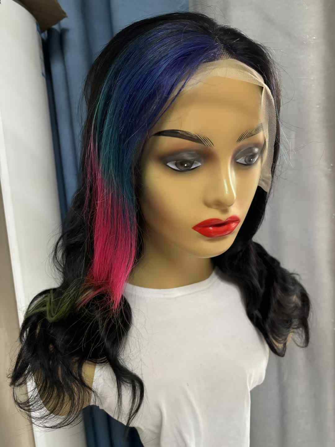 Black With Pink Blue Green Wig Long Wavy T Lace Front 100% Human Hair Wig Women