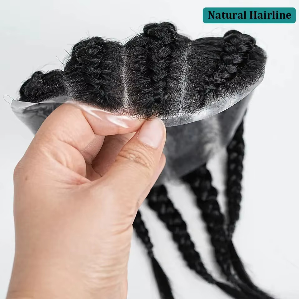 Cornrow Box Braided Human Hair Man Toupee Full Pu Skin Male Toupee For Men Wigs
