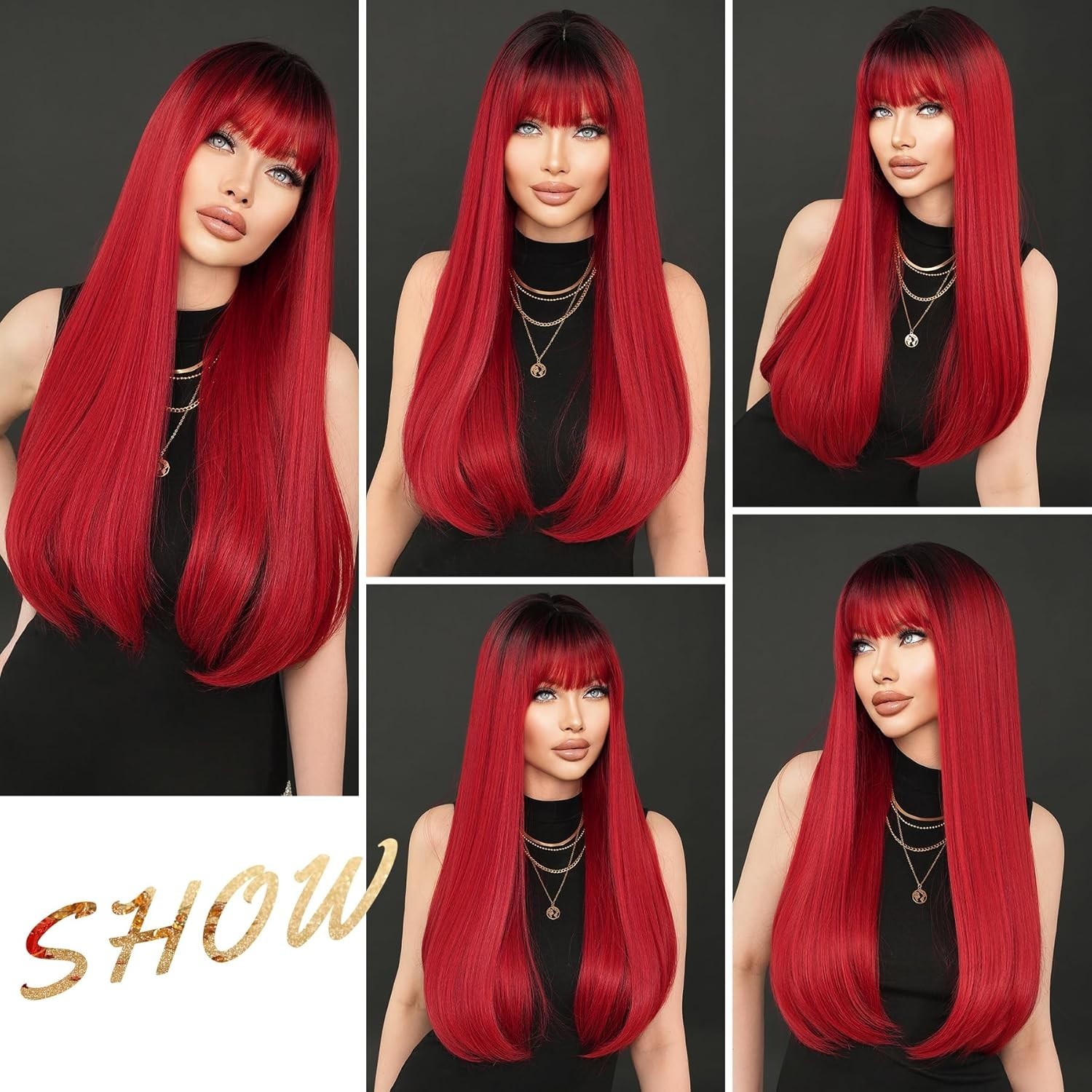 7JHH WIGS Long Straight Dark Red Wig with Bangs 28in Red Wig with Black Roots