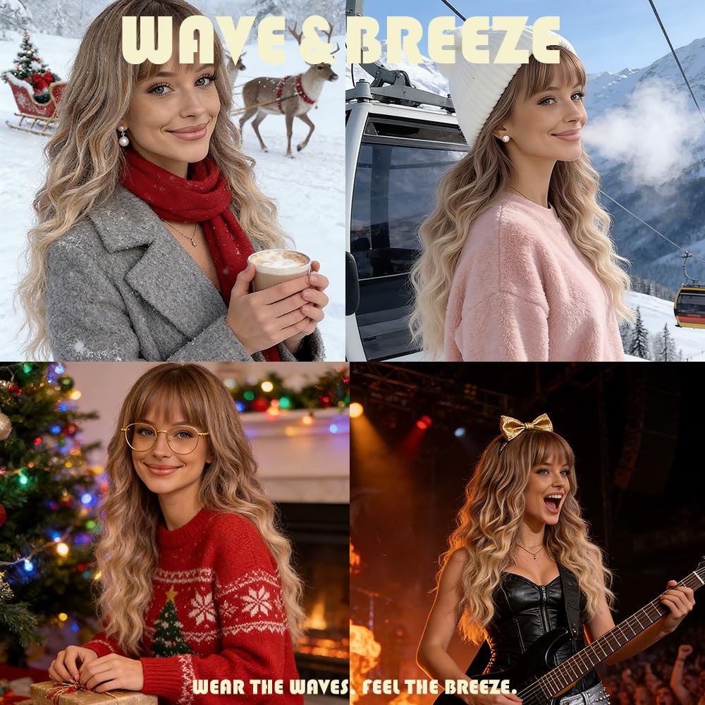 Long Blonde Highlights Wigs with Bangs 26Inch Wavy Curly Hair for Women Tangl…