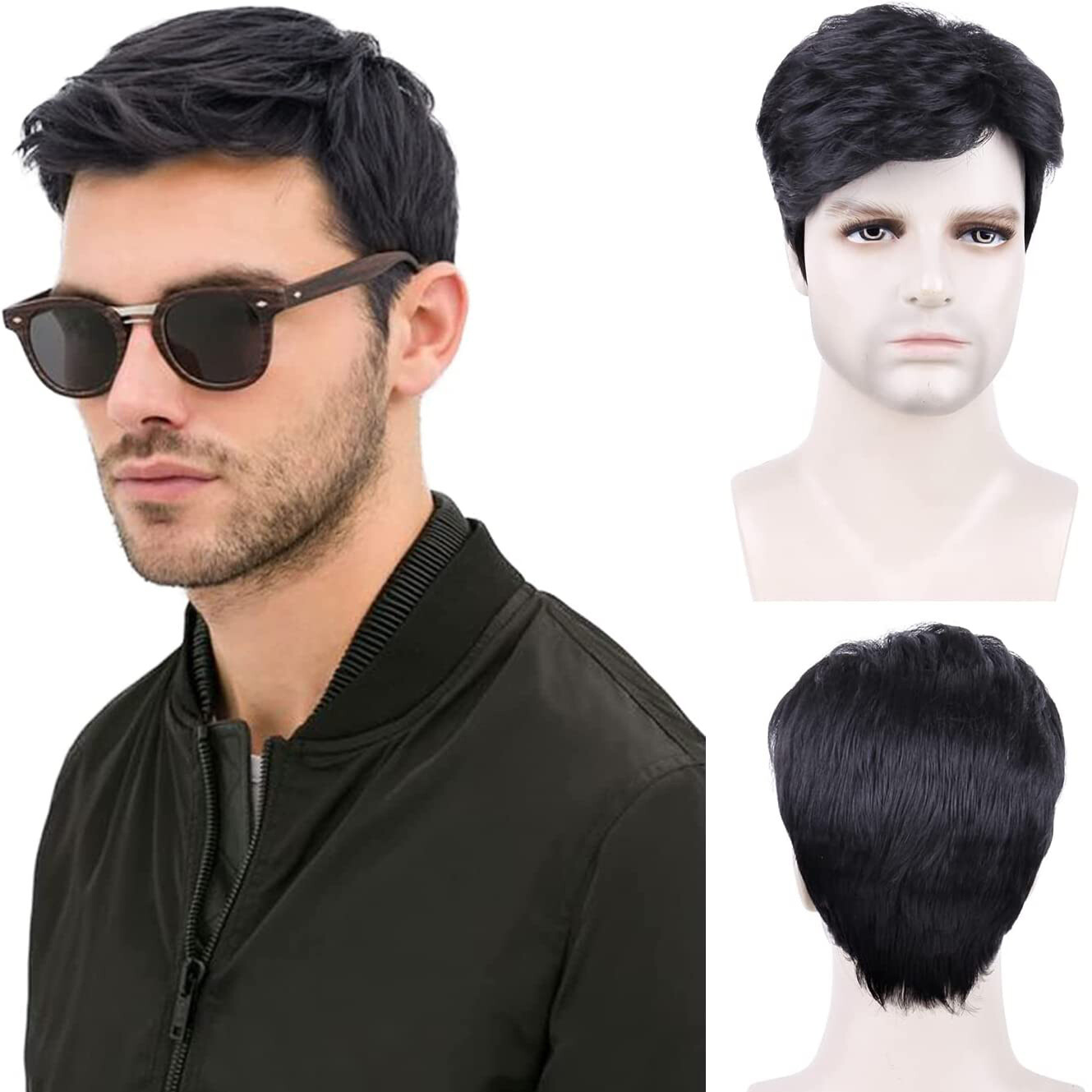 Handsome Adult Men Short Wavy Wig Natural Black Cosplay Party Layered Full Hair