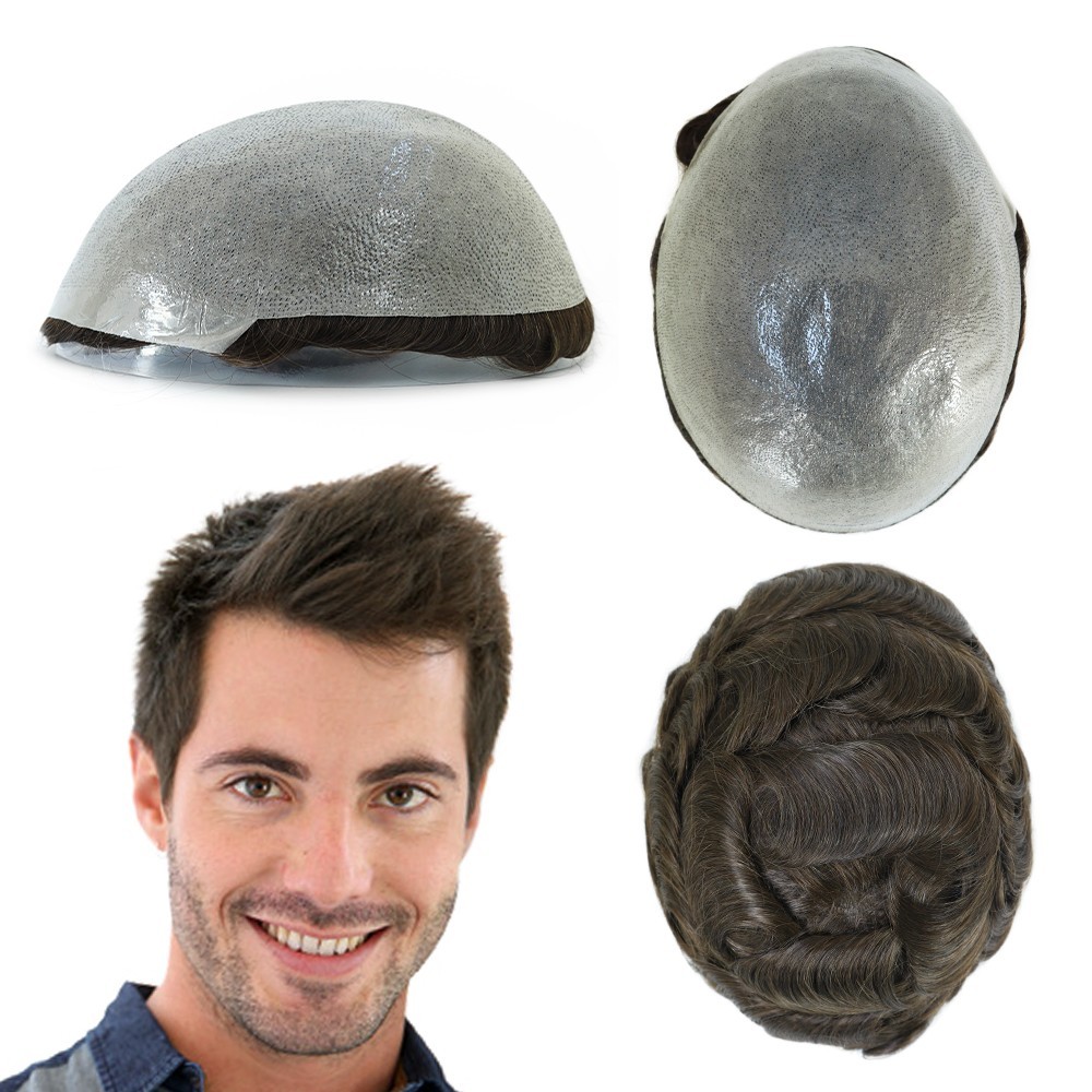 Human Hair Toupee for Men Replacement System Hairpiece 0.05mm Thin Skin BIO #3