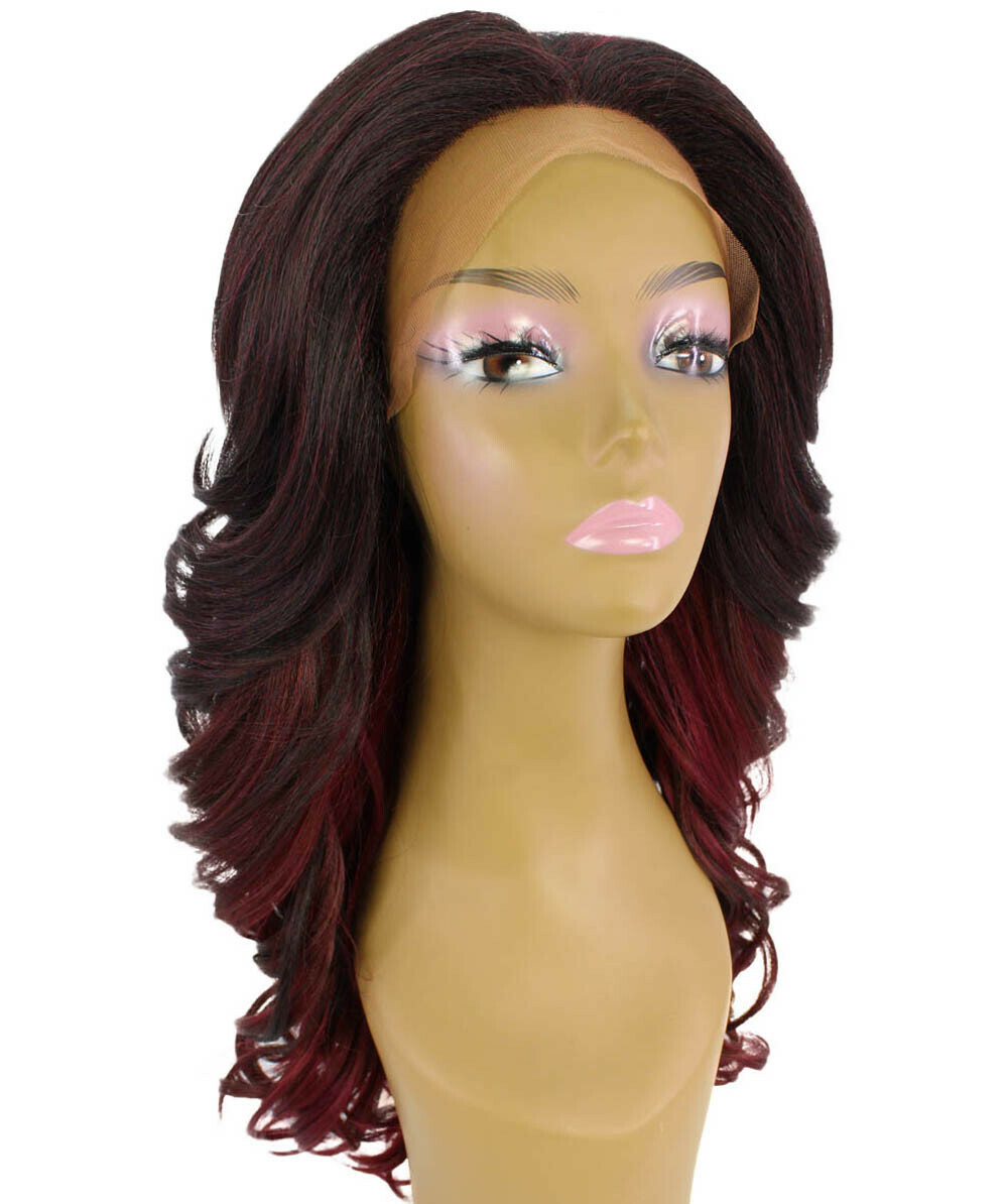 LUXLUXE Yenne Wavy 23 in 4X4 Hand Tied Lace Front Wig, Deep Red over Medium Red