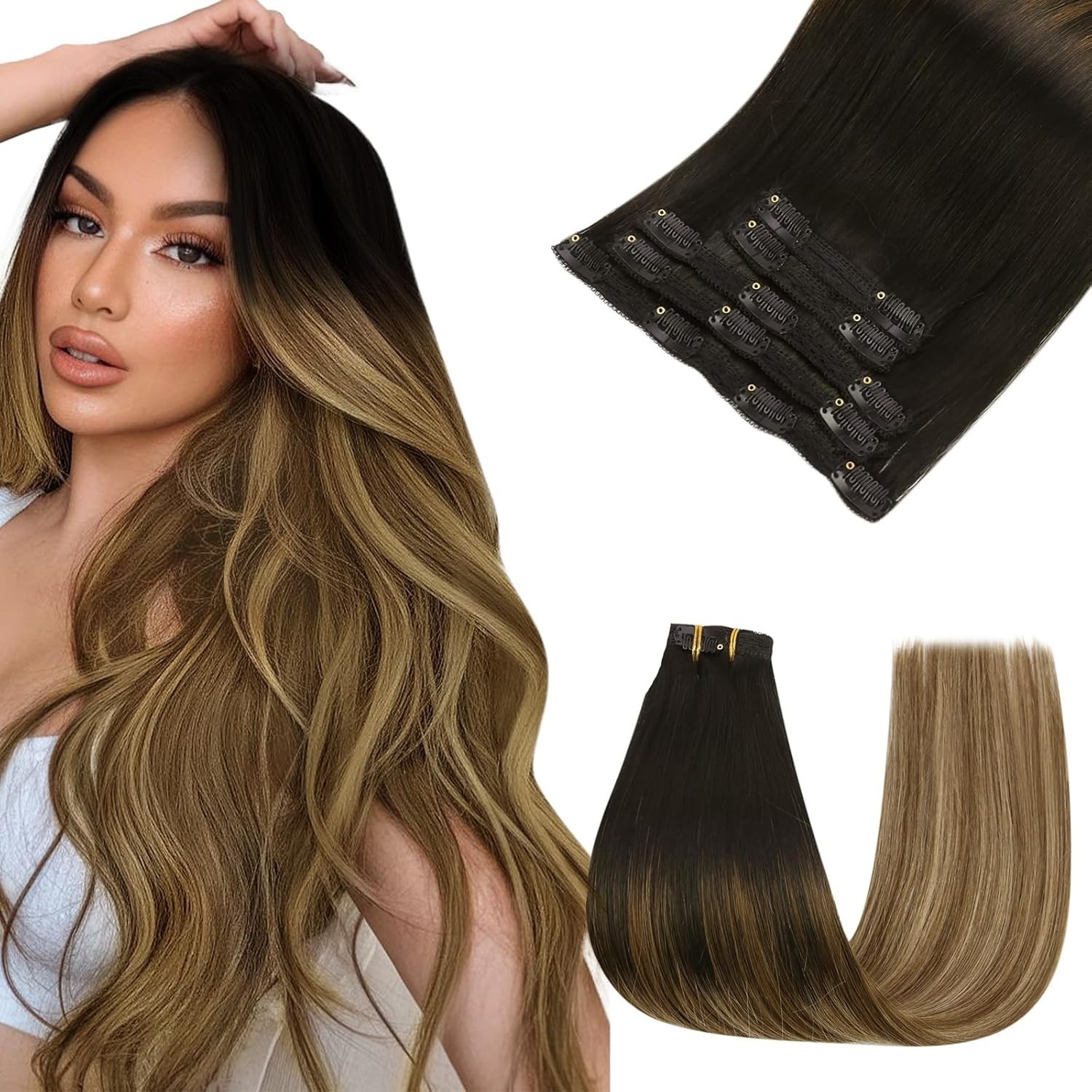 Easyouth CLIP-IN 14″ Ombre Black to Brown Human Hair Extensions CP 1B-6-27