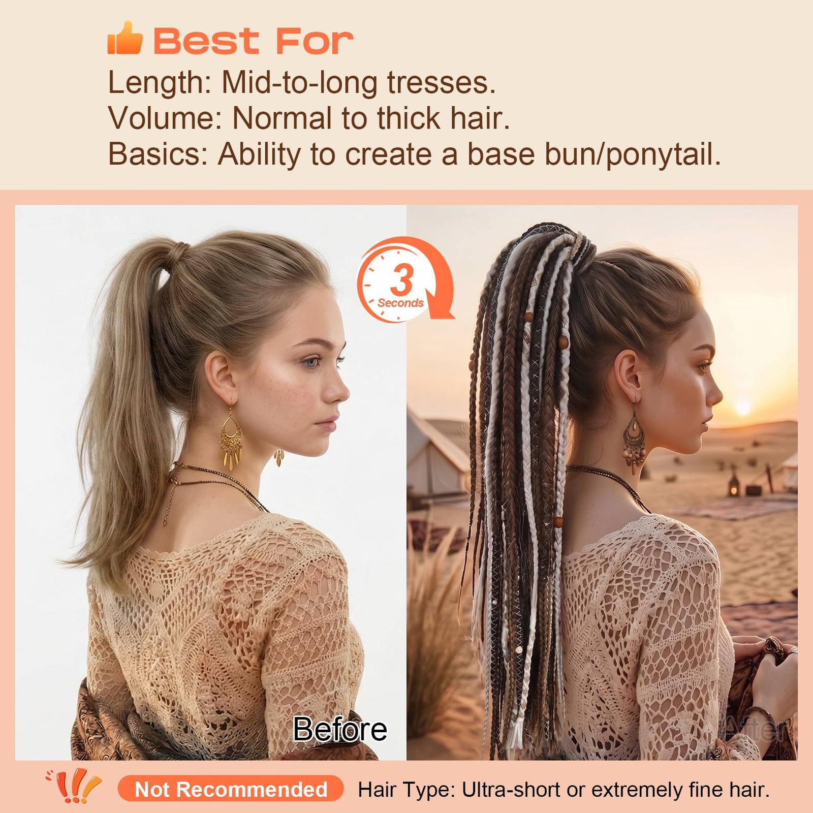 Seikea 2Pcs Boho Braided Ponytail Extension Hair Tie 24 Long Viking Dreadlock