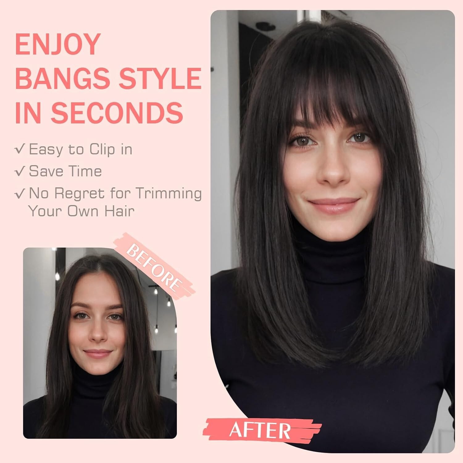 100% Human Hair Topper w/ Bangs 3D Clip on 10 In #1 Dark Black Greyish on Top