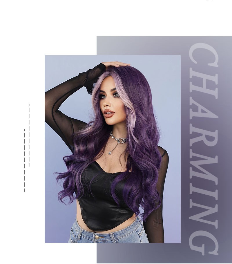 28in Purple Highlighted Pink Long Wavy Wig Heat Resistant Synthetic Cosplay