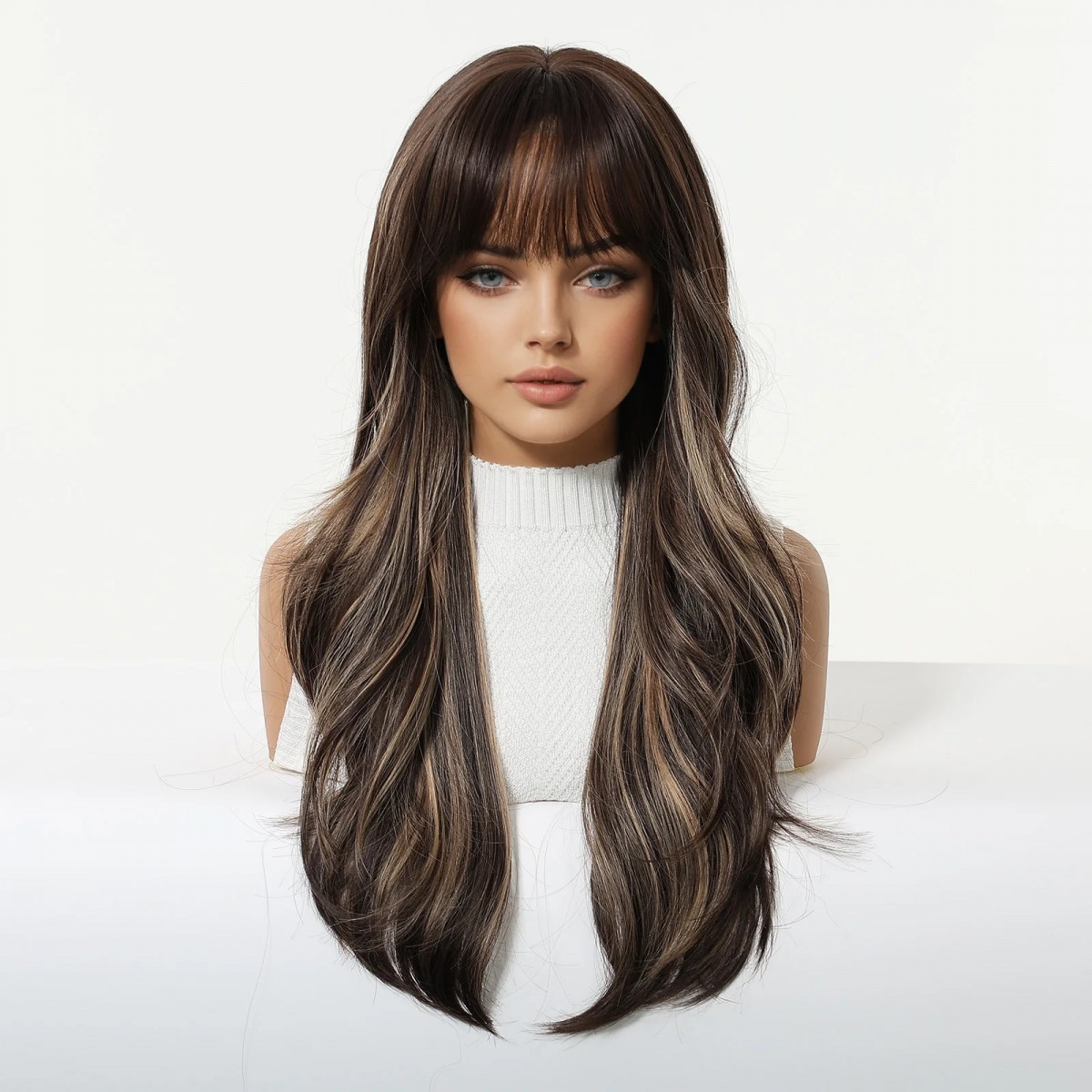 Long Wavy Mixed Brown blonde Synthetic Hair Cosplay Wig With Bangs