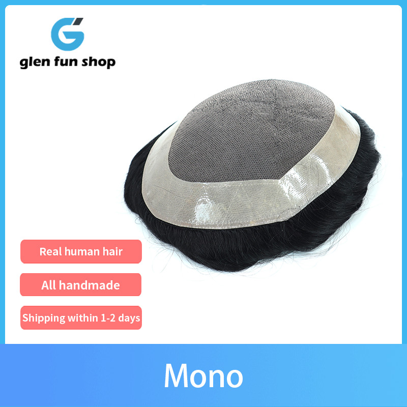 Fine Mono Mens Toupee Hairpiece Poly Skin Around Men Hair Replacement System Wig