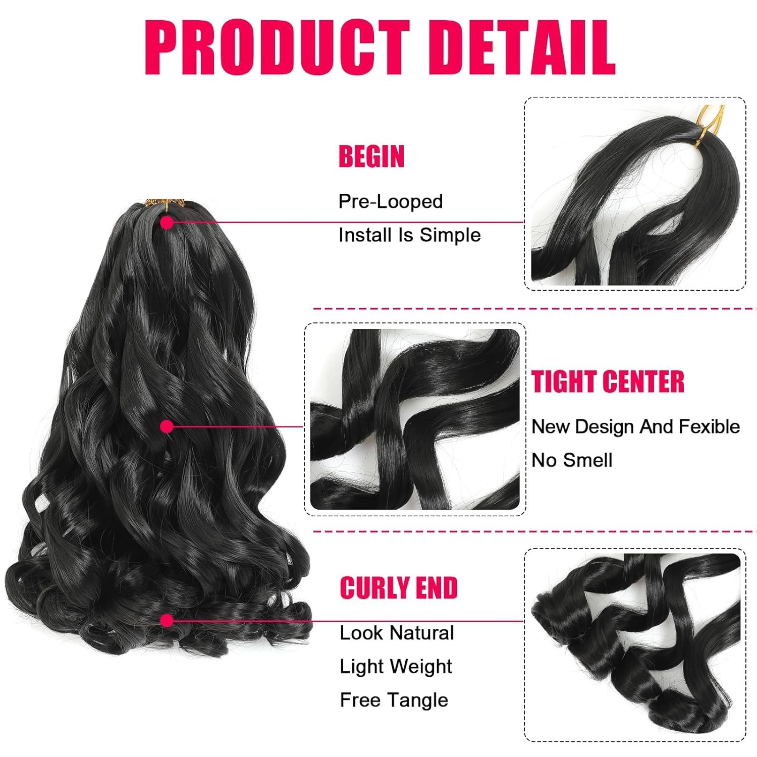 French Curl Braiding Hair 14” Natural Black – Pre-Stretched Curly Braids 8 Packs