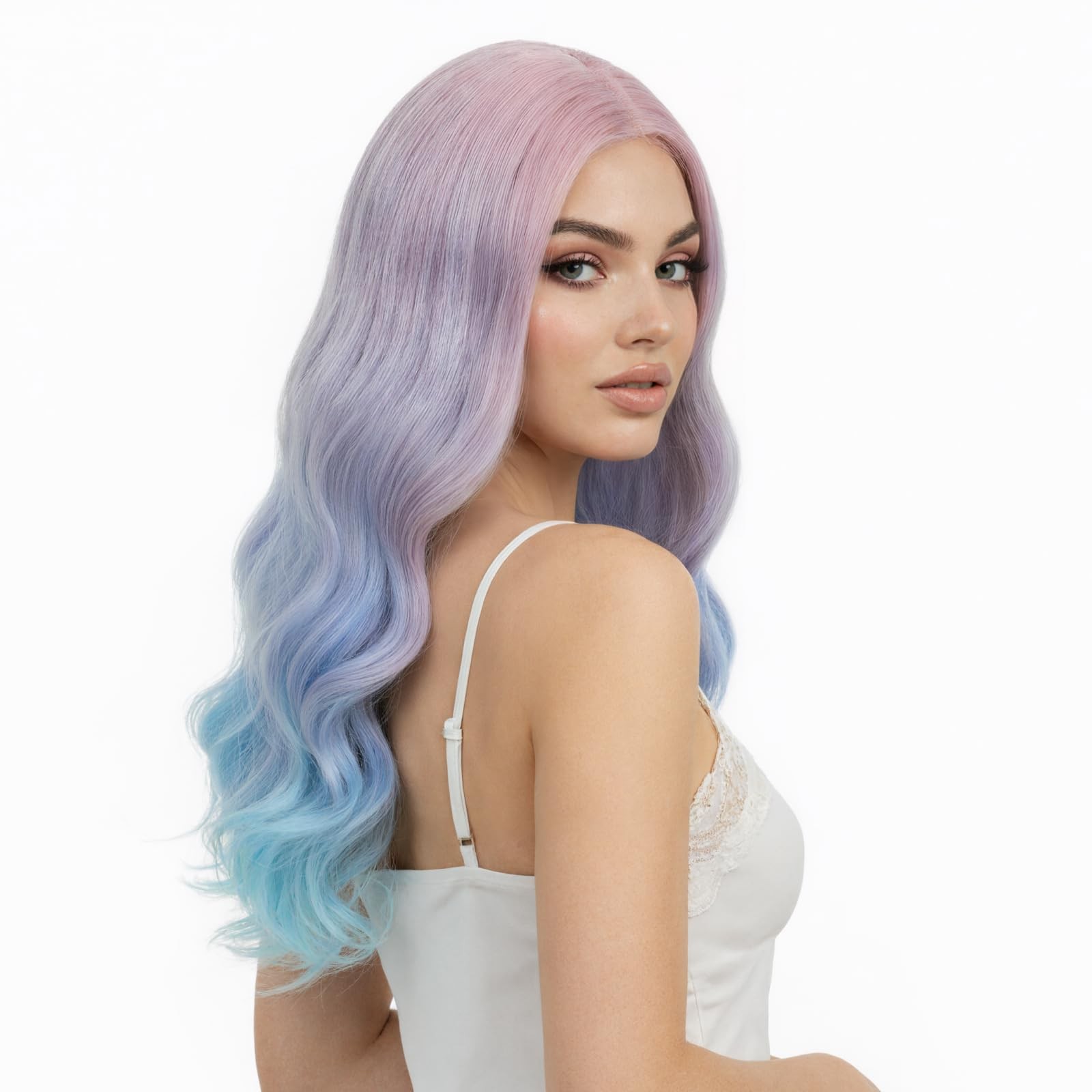 Long Rainbow Wavy Womens Wig Pastel Ocean Wave Long Curly Waving Heat Resista…