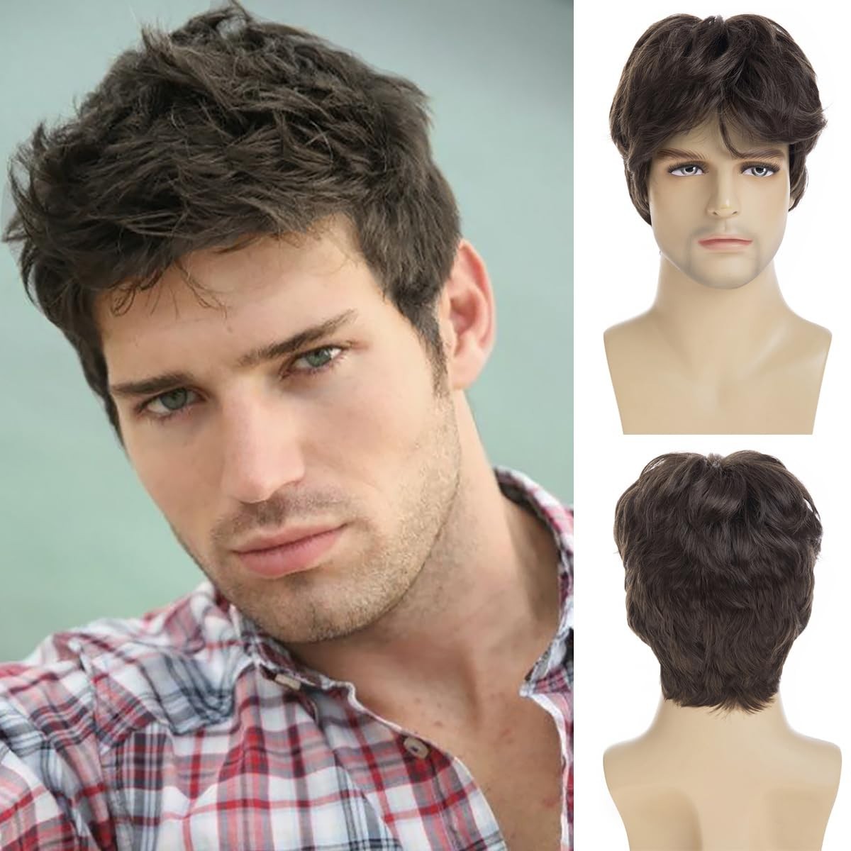 Dsimeig Mens Short Brown Wig Synthetic Natural Replacement Hair Wig for Daily…