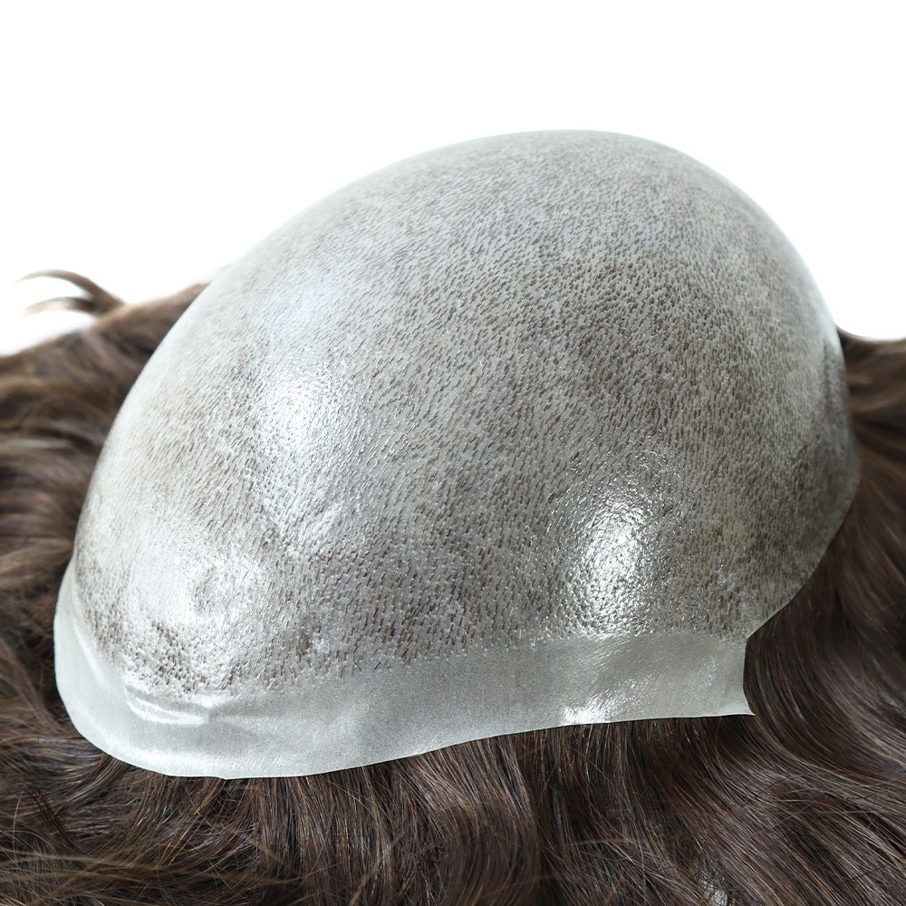 Mens Toupee Full Poly Skin Injected PU Human Hair System Replacement Wig for Men
