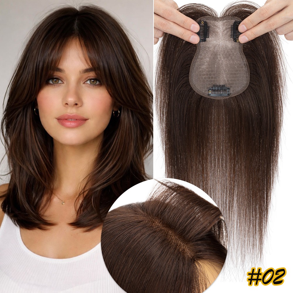 Hair Topper with Curtain Bangs Clip in HUMAN HAIR Piece Lace Base Hand-Tied 8*11