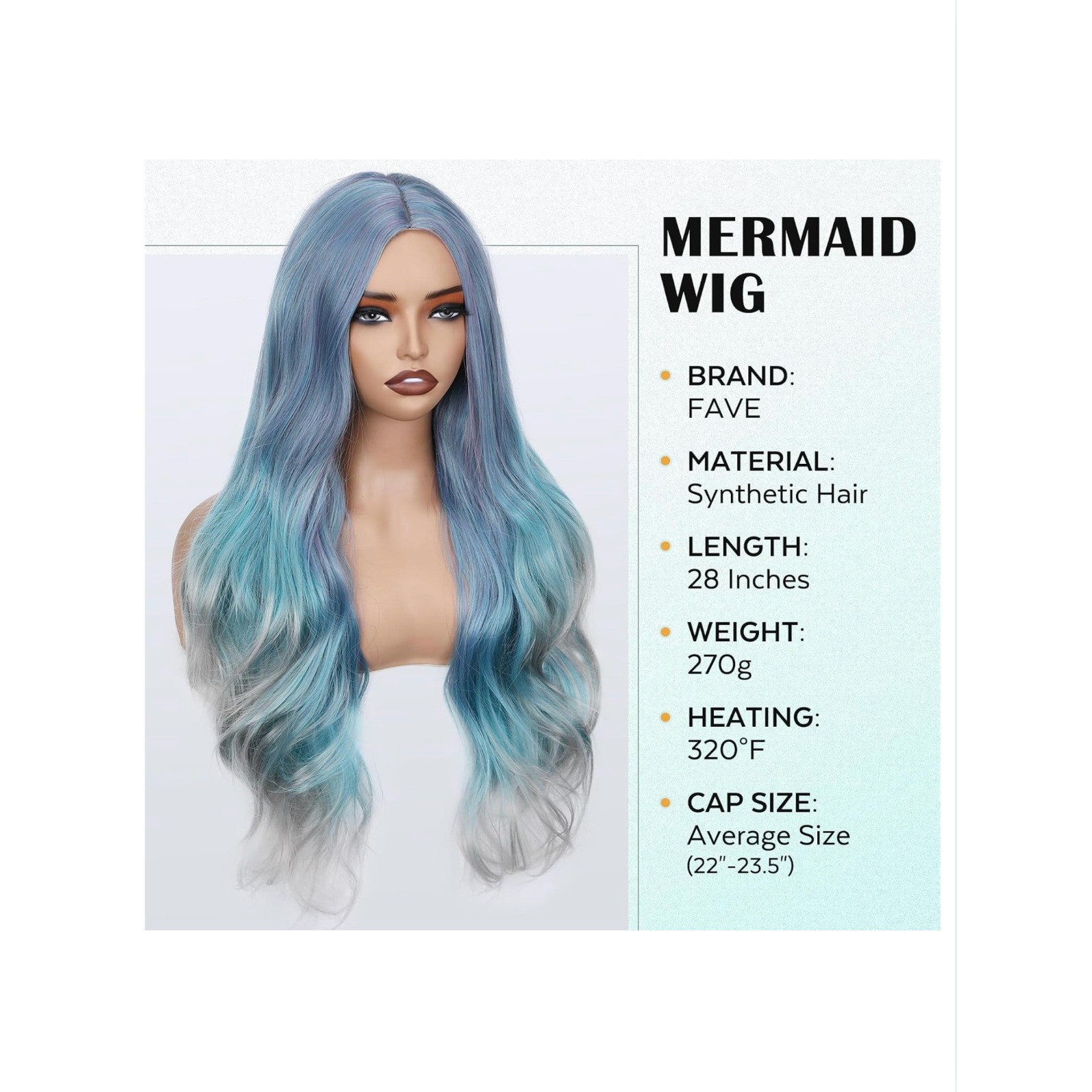 FAVE Mermaid Wig Ombre Blue Mixed Lilac Gray Long Wavy 28″ Synthetic Cosplay Wig