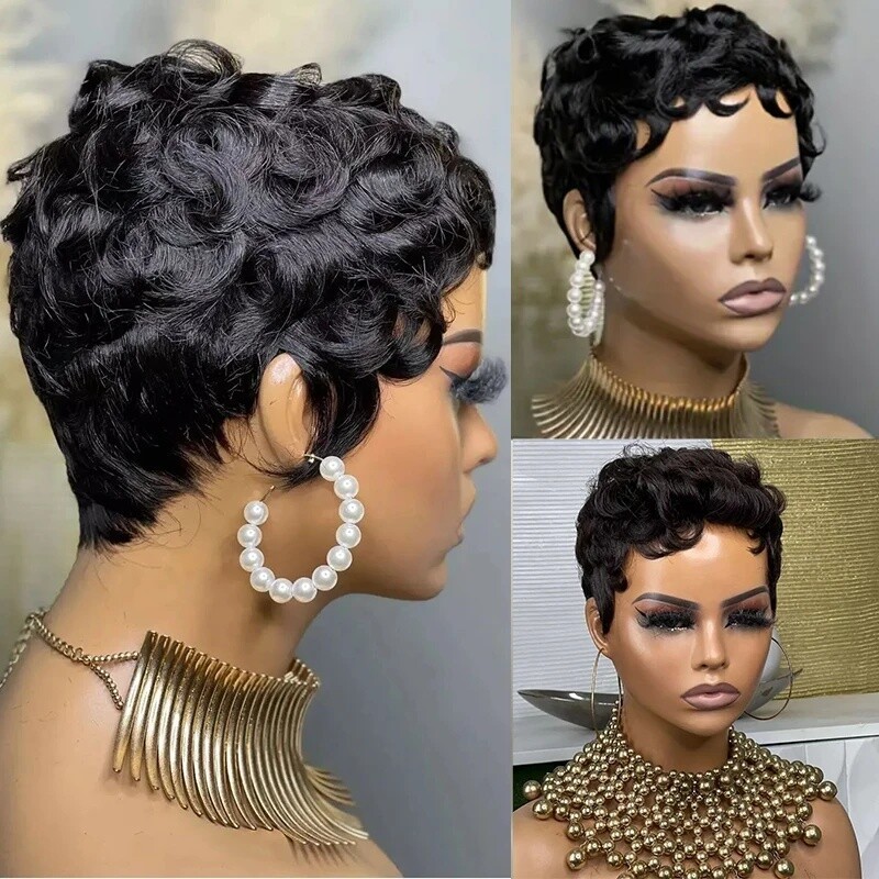 Short Black Wave Pixie Cut Wigs Glueless Wigs 100% Human Hair Wig None Lace