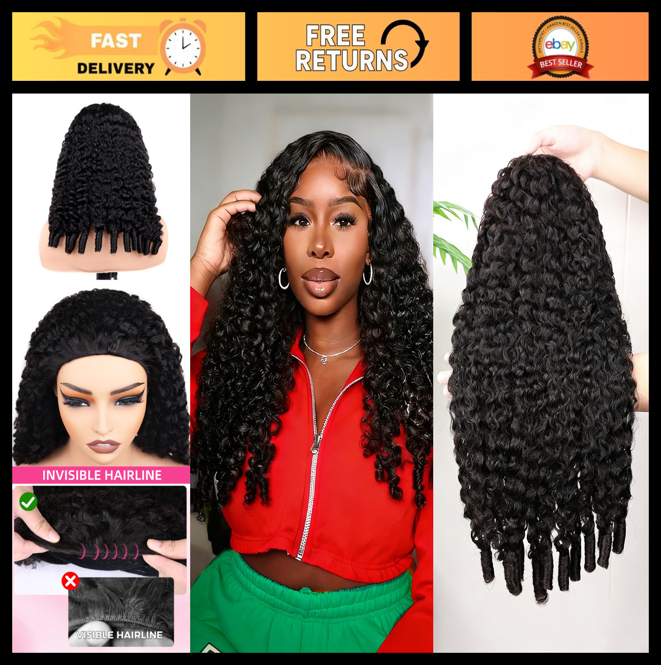 Curly Half Wig Human Hair 20″ Glueless Kinky Curly 200% Density Clip-In Drawstri