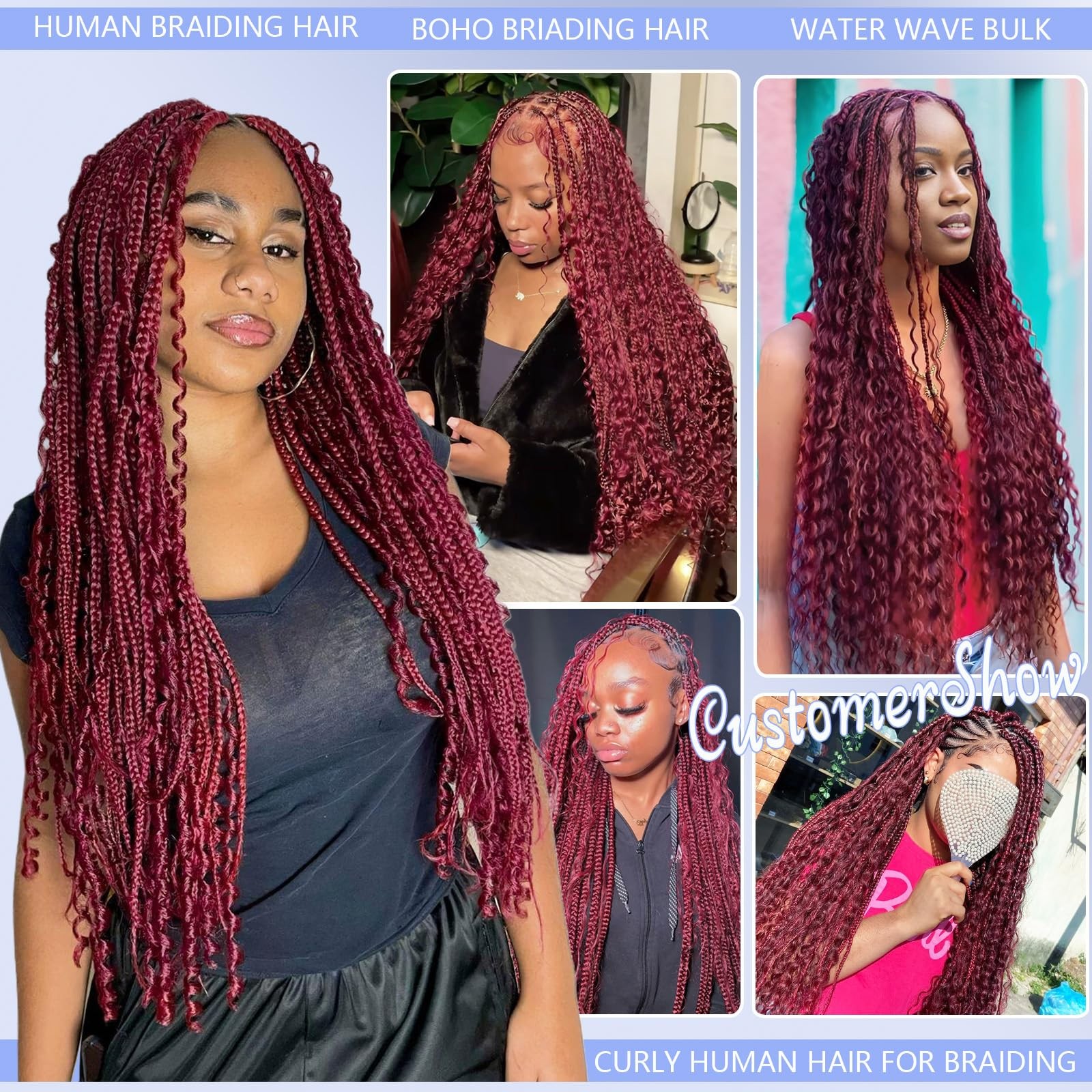 Licoville Burgundy Braiding Hair Deep Water Wave Bulk Boho Human Hair For
