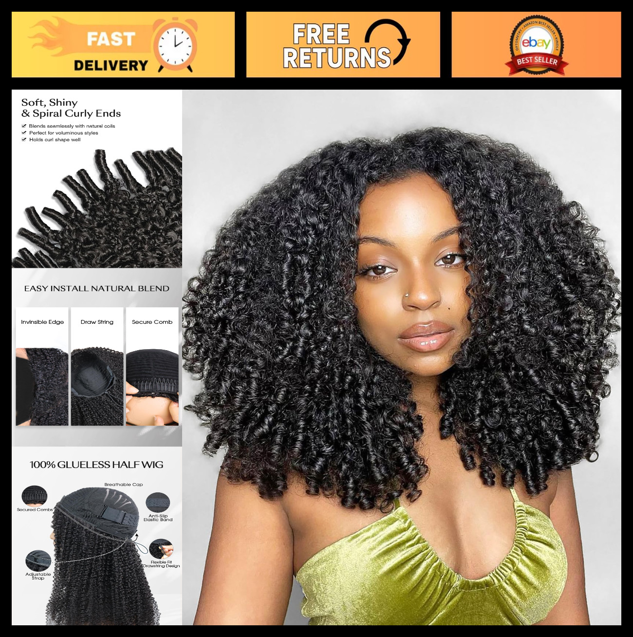 200% Density Curly Half Wig Human Hair – Glueless 3-in-1 Headband Wig 20