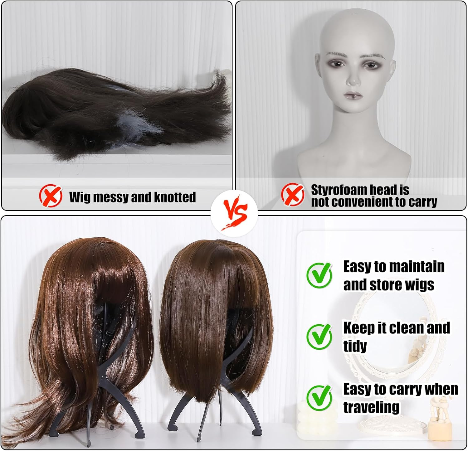 Wig Stand, Portable Wig Holder Wig Head Stand for All Wigs Travel Wig Hair Styli